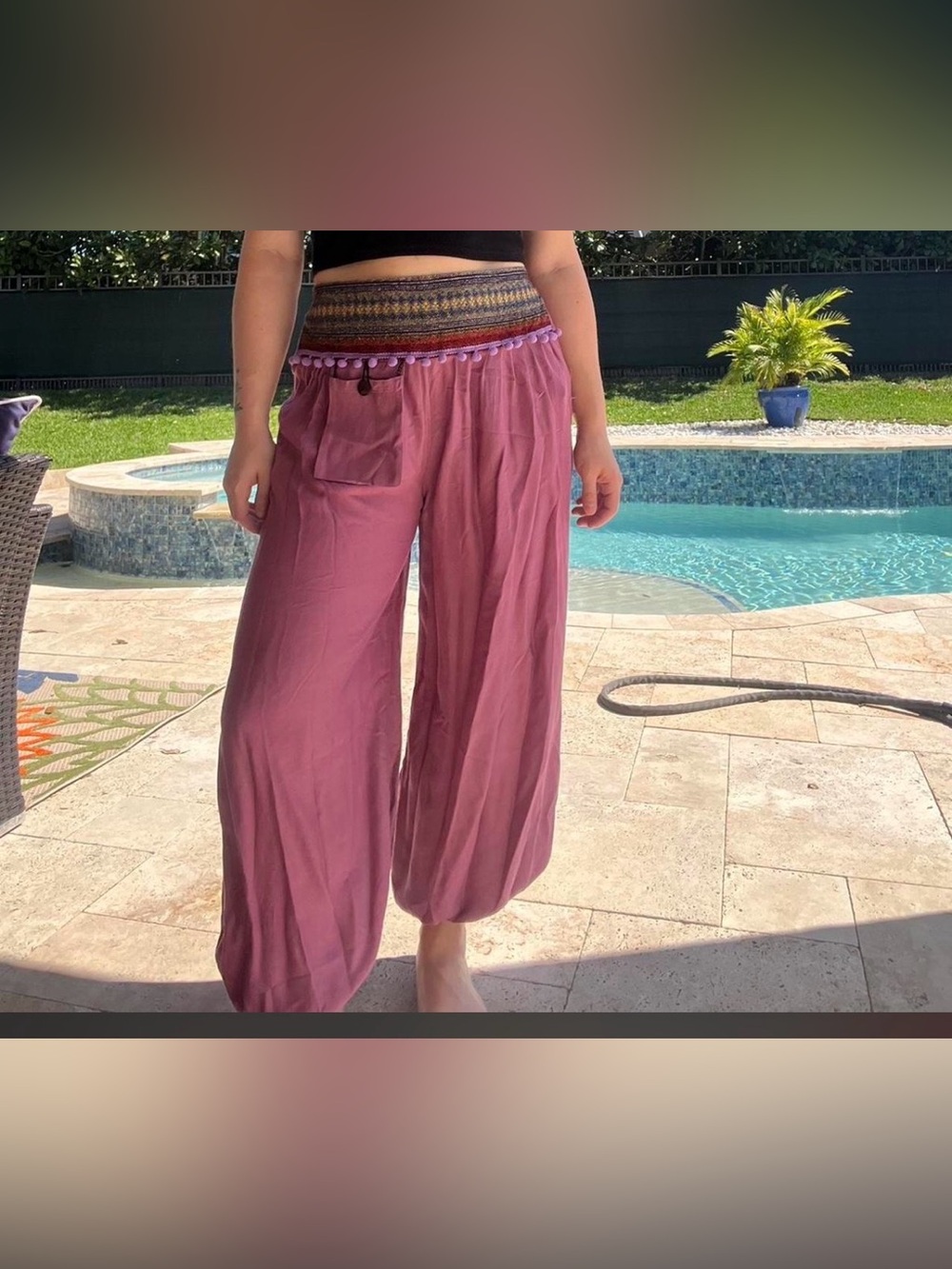 Bohemian Harem wide-Leg Pom-Pom Waist Pants in Dusty Rose